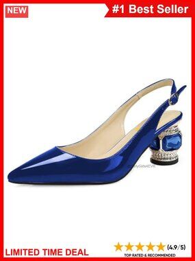 Slingback Pumps Pointed Toe Rhinestone Crystal Low Heel Ankle Strap Dress